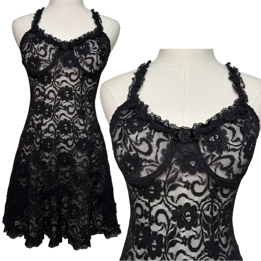 Vintage 90s Black Lace Sheer Underwire Lingerie Slip Dress Small Medium